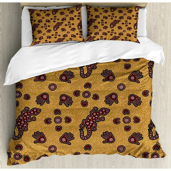 Aboriginal Duvet Cover Set, Folkloric Pattern Reptile and Hand on Dots, Decorative 3 Piece Bedding Set with 2 Pillow Shams, Queen Size, Maroon Ginger, by Ambesonne