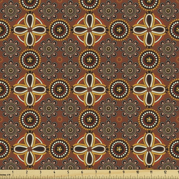 Ambesonne Aboriginal Fabric by the Yard Upholstery, Traditional Flower Motif, 5 Yards, Pale Redwood Multicolor