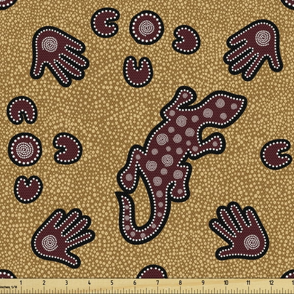 Ambesonne Aboriginal Fabric by the Yard Upholstery, Reptile and Hand, 2 Yards, Maroon Ginger