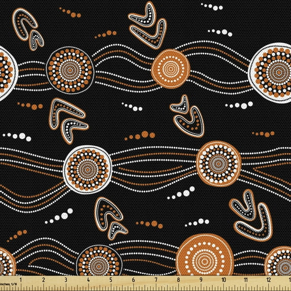Ambesonne Aboriginal Fabric by the Yard Upholstery, Waves Dots and Boomerang, 10 Yards, Grey Orange