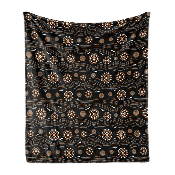 Aboriginal Soft Flannel Fleece Throw Blanket, Abstract Round Motifs with Dots and Waves on Dark Backdrop, Cozy Plush for Indoor and Outdoor Use, 50" x 60", Charcoal Grey Orange, by Ambesonne