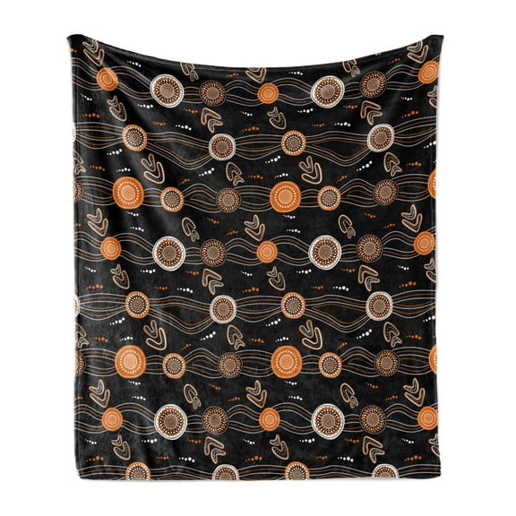 Aboriginal Soft Flannel Fleece Throw Blanket, Abstract Rounded Shapes Dotted Wavy Lines and Boomerang Motifs, Cozy Plush for Indoor and Outdoor Use, 50" x 70", Grey Orange, by Ambesonne