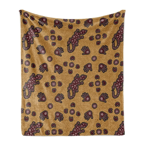 Aboriginal Soft Flannel Fleece Throw Blanket, Folkloric Pattern Reptile and Hand on Dots, Cozy Plush for Indoor and Outdoor Use, 50" x 70", Maroon Ginger, by Ambesonne