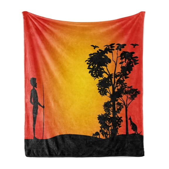 Aboriginal Soft Flannel Fleece Throw Blanket, Hunting Man with Kangaroo Mouse and Tree Silhouettes, Cozy Plush for Indoor and Outdoor Use, 50" x 70", Vermilion Yellow, by Ambesonne