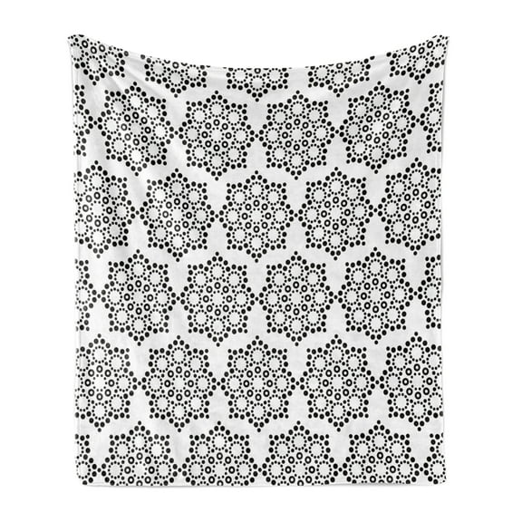 Aboriginal Soft Flannel Fleece Throw Blanket, Monochromatic Style Floral Motifs with Dots Folkloric Print, Cozy Plush for Indoor and Outdoor Use, 50" x 70", Charcoal Grey White, by Ambesonne
