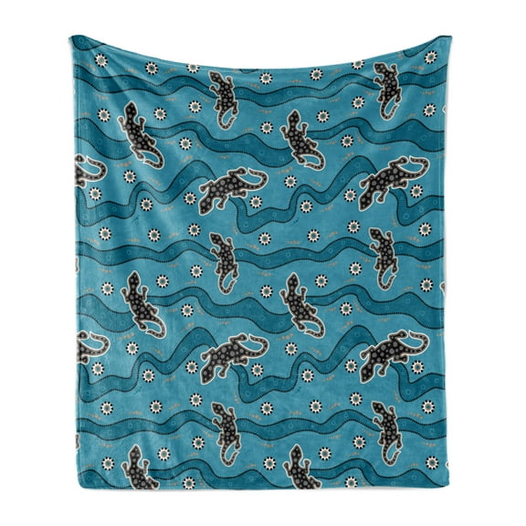 Aboriginal Soft Flannel Fleece Throw Blanket, Reptile on Waves and Dots, Cozy Plush for Indoor and Outdoor Use, 70" x 90", Sea Blue Dark Taupe, by Ambesonne