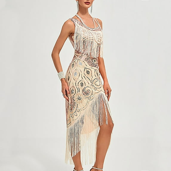 Aboser 1920s Flapper Dress for Women Sequin Beaded Cocktail Dresses Elegant Fringe Party Dress Slit Sleeveless Dresses Vintage Sparkly Prom Dress