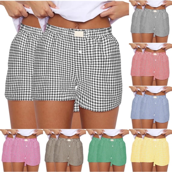 Aboser 2 Pack Boxer Shorts for Women Cute Gingham Plaid Shorts Summer Casual Elastic Waist Shorts Lightweight Beach Vacation Shorts