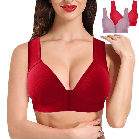 Aboser 2 Pack Bras for Older Women Comfortable Wireless Everyday Bras Front Closure T-Shirt Bra Lightly Push Up Bralettes Plus Size Underwear