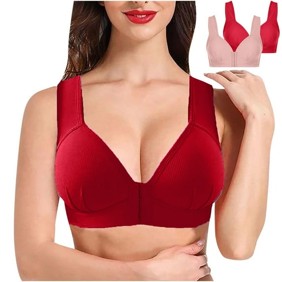 Aboser 2 Pack Bras for Older Women Comfortable Wireless Everyday Bras Front Closure T-Shirt Bra Lightly Push Up Bralettes Plus Size Underwear