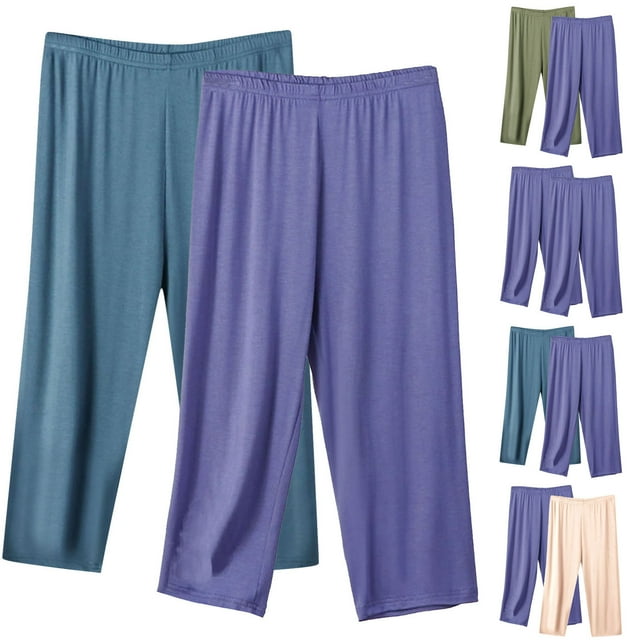 Aboser 2 Pack Capri Pajama Pants for Women Plus Size 3/4 Length Pjs Pants Casual Elastic Waisted Sleep Capris Loose Soft Pajamas Buttom Thin Wide Leg Lounge Pants