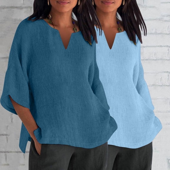 Aboser 2 Pack Cotton Linen Tops for Women 3/4 Sleeve T Shirt V Neck Casual Shirt Women Plus Size Solid Color Shirts Loose Side Split Blouses for Ladies