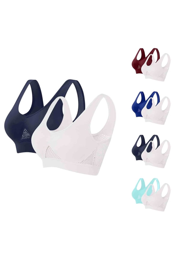 2 Pack High Impact Sports Bras for Women Plus Size Lightly Padded Yoga Bra Breathable Cool Liftup Air Bras Push Up Supportive Brassiere Blue M