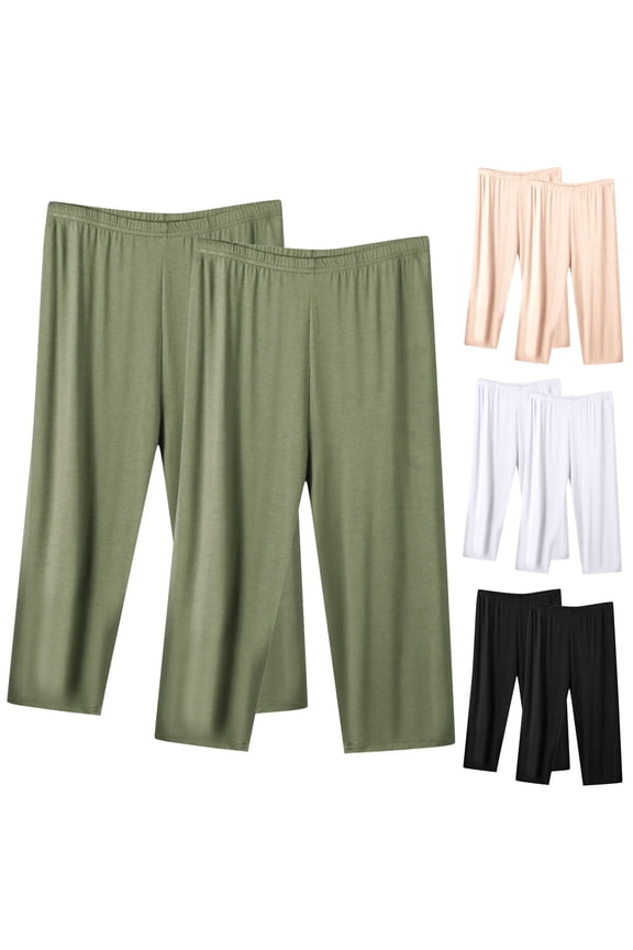 2 Pack Women's Capri Pajama Pants Plus Size Sleep Lounge Pants Casual Wide Leg Capris Lightweight Comfy Pj Buttom Solid Color Cropped Pants