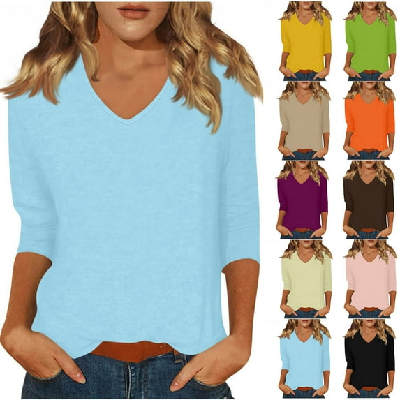 Aboser 3/4 Length Sleeve T Shirts for Women Trendy Casual V Neck Tops Solid Color Basic Tees Lightweight Soft Three Quarter Length Sleeve Shirt