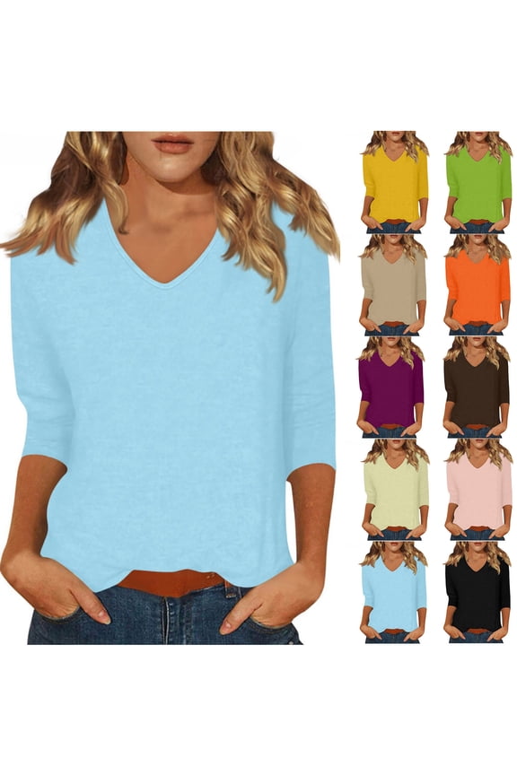 3/4 Length Sleeve T Shirts for Women Trendy Casual V Neck Tops Solid Color Basic Tees Lightweight Soft Three Quarter Length Sleeve Shirt