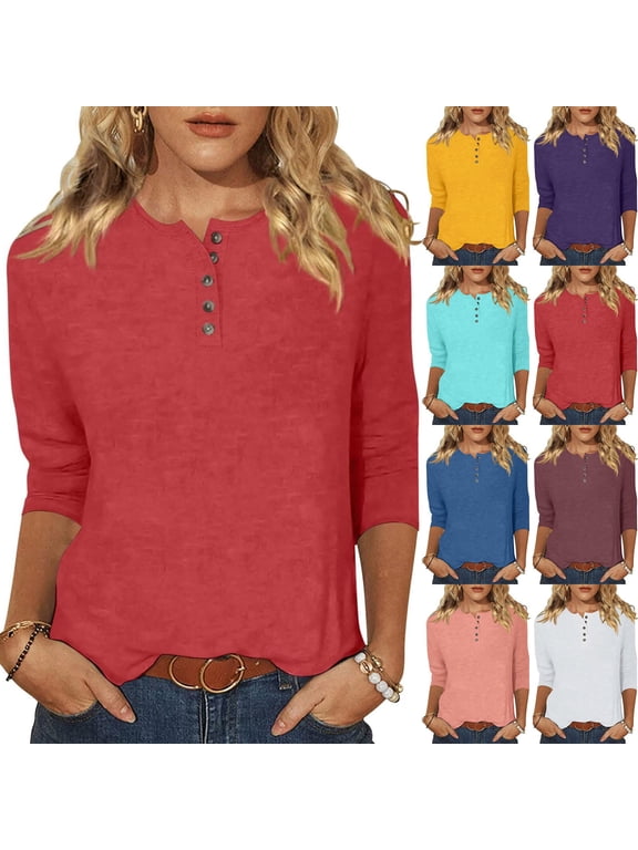 3/4 Length Sleeve Womens Tops Button Down Henley Shirts Dressy Casual Fall Spring Tunic Tops Solid Color Basic Tees Cozy Soft Work Blouses