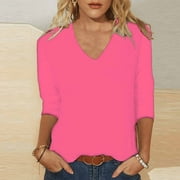 Aboser 3/4 Length Sleeve Womens Tops Casual V Neck T Shirts Solid Color Basic Tees Summer Loose Fit Blouses 2024 Dressy Tunic Top Hot Pink L