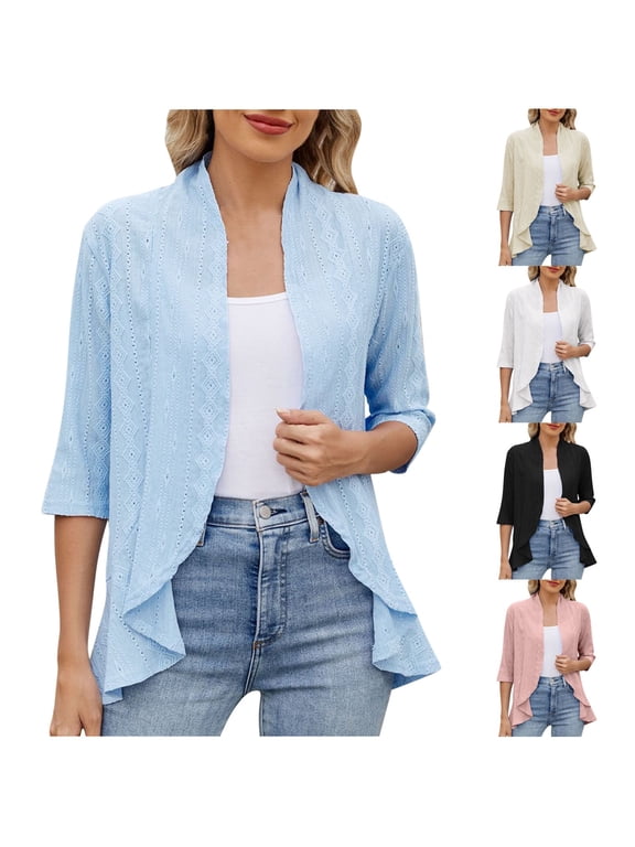 3/4 Sleeve Cardigan for Women Trendy Ruffle Draped Shrug Cardigans Trendy Eyelet Embroidery Cover Ups Lightweight Open Front Boleros