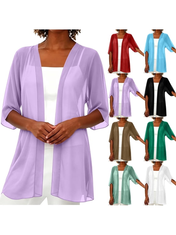3/4 Sleeve Chiffon Cardigans for Women Lightweight Loose Fit Cardigan Sheer Open Front Beach Cover Up Light See Through Dusters