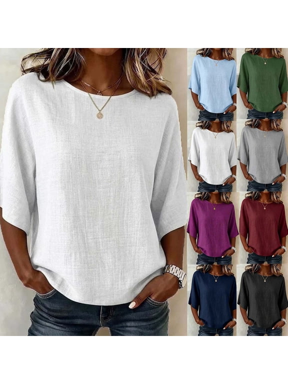 3/4 Sleeve Cotton Linen Tops for Women Classic Fit Plain Shirts Casual Round Neck Blouse Breathable Soft T Shirt for Ladies Fall Clothes