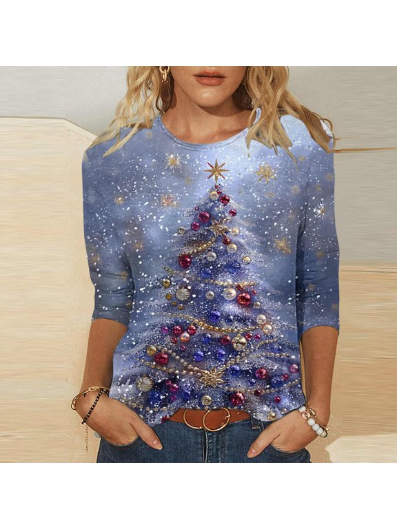 3/4 Sleeve Crewneck T Shirts for Women Merry Christmas Outfit Trendy Xmas Tree Printed Blouse Going Out Festive Party Tops Casual Round Neck Shirt