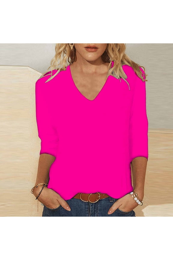 3/4 Sleeve T Shirts for Women Casual Loose Basic Tees Cozy V Neck T-Shirt Solid Color Summer Blouses Light Weight Comfy Tunic Tops Hot Pink L