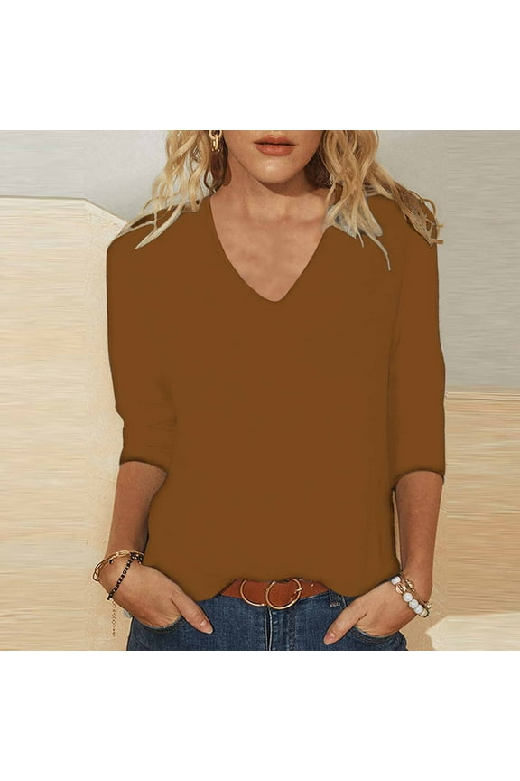 3/4 Sleeve Tops for Women Summer Basic Shirts Solid Color V Neck Tee Shirt Casual Loose Fits Blouses Cozy Soft Tunic Top Coffee XL