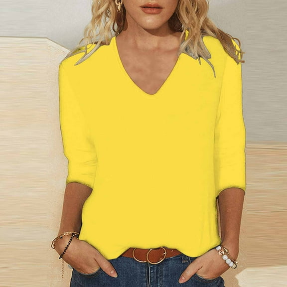Aboser 3/4 Sleeve Tops for Women Summer Basic Shirts Solid Color V Neck Tee Shirt Casual Loose Fits Blouses Cozy Soft Tunic Top Yellow L
