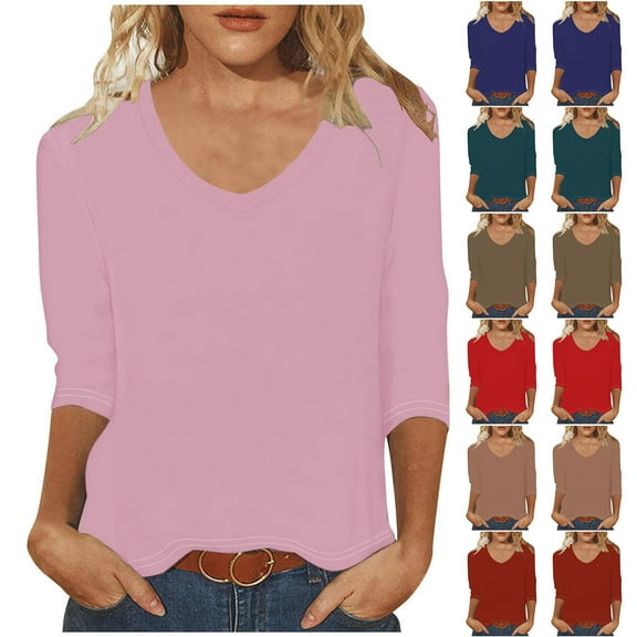 Aboser 3/4 Sleeve Tops for Women Dressy V Neck Shirts Loose Fitted Casual T-shirt Solid Color Fall Clothes Comfy Soft Basic Tees Womens Blouses
