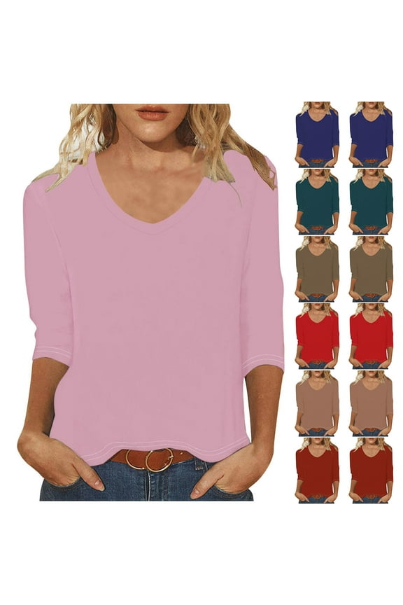 3/4 Sleeve Tops for Women Dressy V Neck Shirts Loose Fitted Casual T-shirt Solid Color Fall Clothes Comfy Soft Basic Tees Womens Blouses