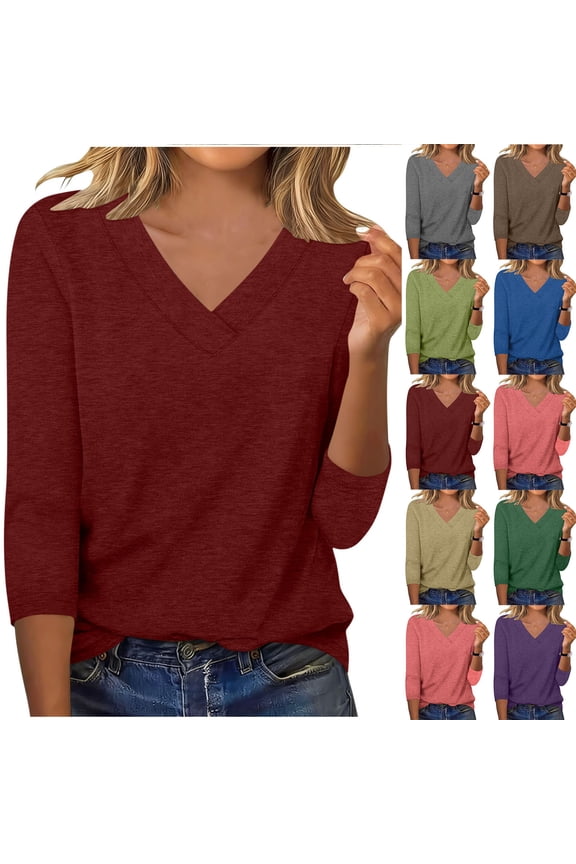 3/4 Sleeve Womens Tops Casual V Neck Basic Shirts Loose Fit Plain Tshirts Comfort Soft Cotton Blouses Solid Color Plain Shirt