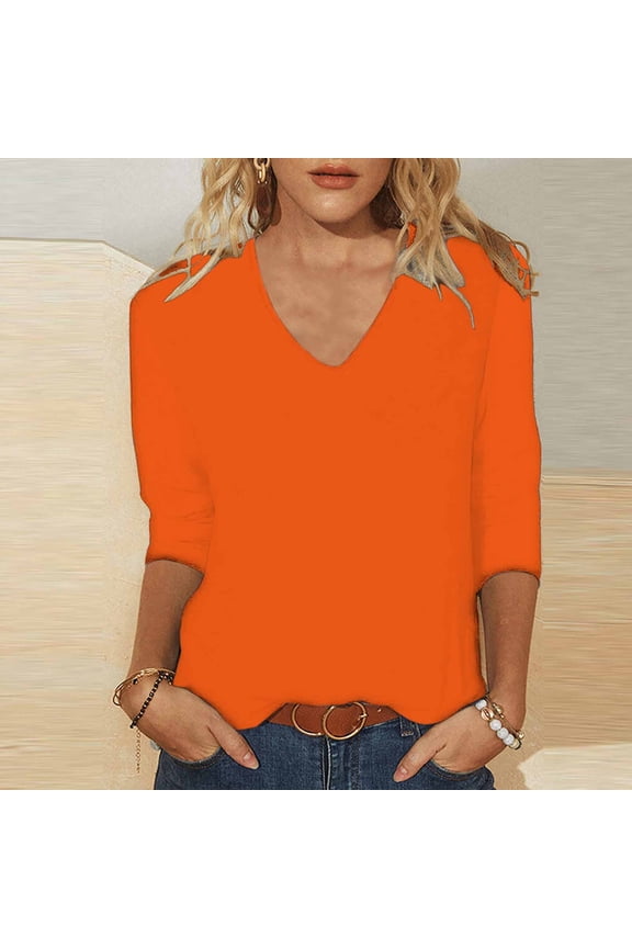3/4 Sleeve Womens Tops Trendy V Neck T Shirts Soft Three Quarter Length Sleeved Shirt Loose Fit Casual Tshirts Lightweight Solid Color Blouses