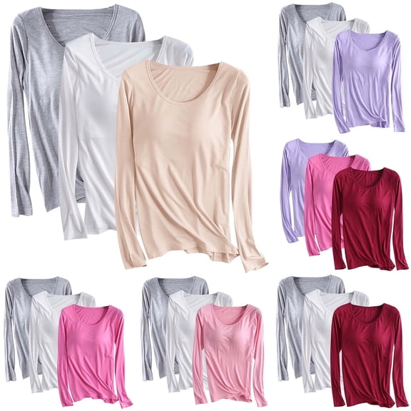 Aboser 3 Pack Layering Shirts for Women Modal Long Sleeve Tops with Built in Bras Breathable Casual Basic Tees Loose Round Neck Pullover Top Plus Size Padded Undershirts