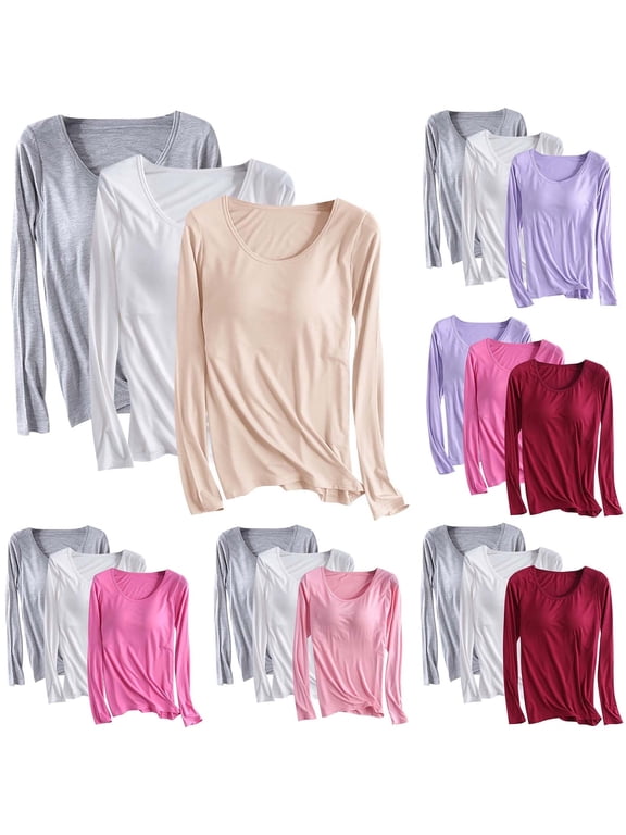 3 Pack Layering Shirts for Women Modal Long Sleeve Tops with Built in Bras Breathable Casual Basic Tees Loose Round Neck Pullover Top Plus Size Padded Undershirts