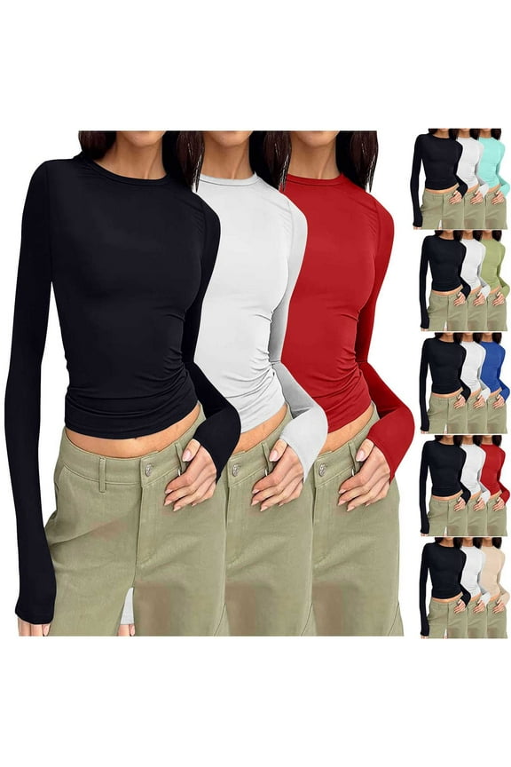 3 Pack Womens Basic Crop Shirts Long Sleeve Y2k Tops Slim Fit Going Out Tees Cozy Soft Round Neck Tshirts Solid Color Casual T-Shirt Khaki XS