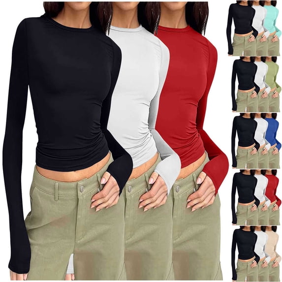 Aboser 3 Pack Womens Basic Crop Shirts Long Sleeve Y2k Tops Slim Fit Going Out Tees Cozy Soft Round Neck Tshirts Solid Color Casual T-Shirt Light Blue L