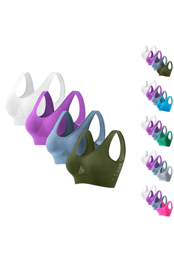 4 Pack Womens High Impact Sports Bras Plus Size Seamless Workout Bras Lift Up Wirefree Bralettes Hollow Out Mesh Yoga Top Moisture Wicking Running Bralette