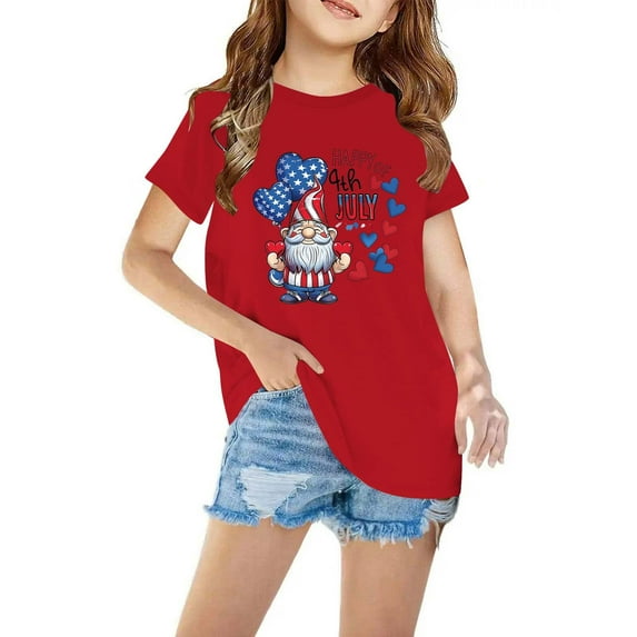 Aboser 4th of July Kids Graphic Tees 5T Toddler Girls T-Shirts Cute Gnomes Print Tops Casual Short Sleeves Tees Size 110 to 150 American Flag T Shirt Daily Wear