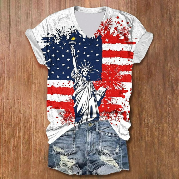 Aboser 4th of July Shirts for Women American Flag Patriotic T-Shirt 2026 Independence Day Tops USA Star Striped Graphic Tees Summer V Neck Short Sleeve Tee Top