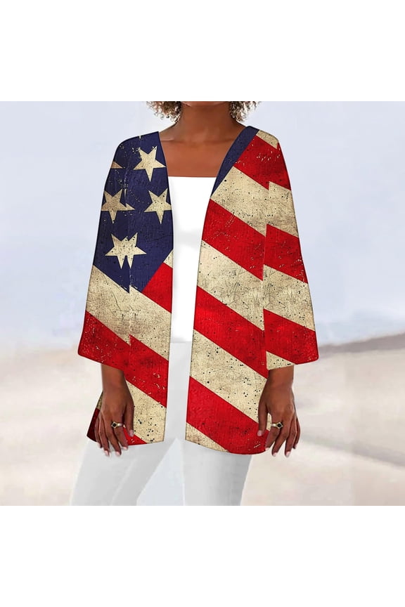 4th of July USA Cardigans for Women Retro Stars and Stripes Print Cardigan Loose Open Front Cover Up American Flag Patriotic Cardigans Blue XXL