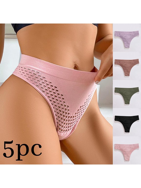 5 Pack Mesh Bikini Panties for Women High Waisted Breathable Thong Underwear Hollow Out Cotton Thongs Stretchy Soft Daily Hipster Briefs