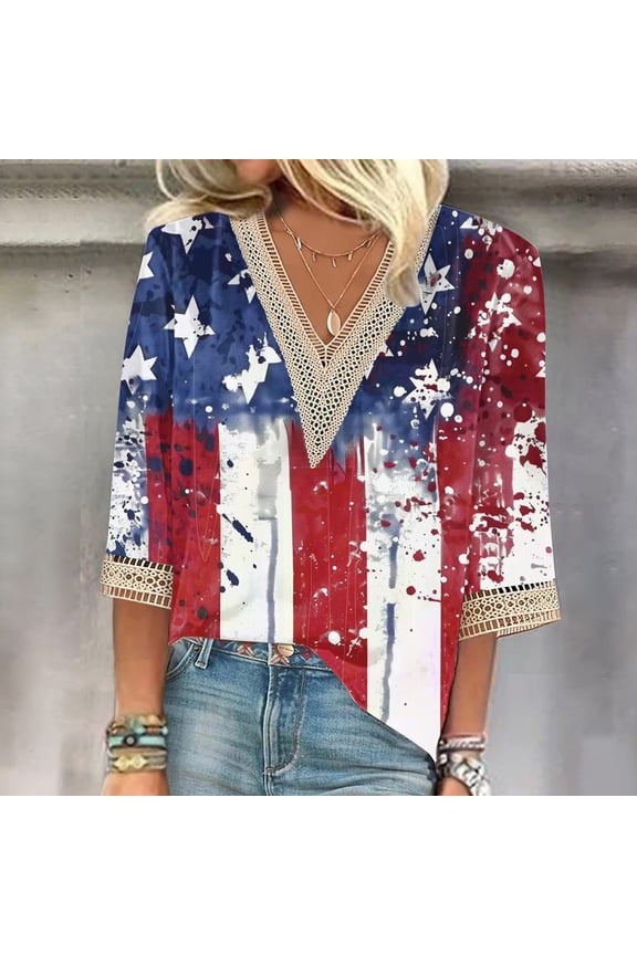 American Flag Bohemian Tops for Women Patriotic USA Shirts Plus Size Beach T Shirt Loose Hollow Out Tunic Top Independence Day Blouses Summer Casual V Neck Tshirts