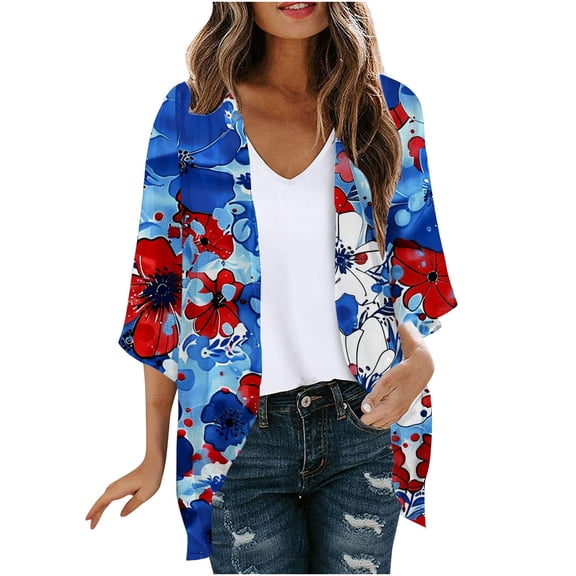 Aboser American Flag Kimono Cardigans for Women Trendy Red White and Blue Cover Up Lightweight Sheer Chiffon Cardigan Independence Day Patriotic Blouse Tops Red XXL