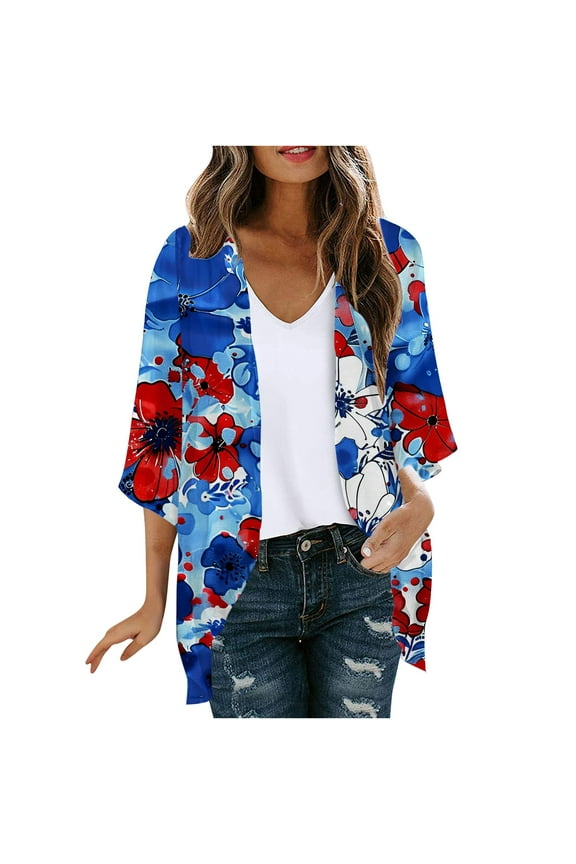 American Flag Kimono Cardigans for Women Trendy Red White and Blue Cover Up Lightweight Sheer Chiffon Cardigan Independence Day Patriotic Blouse Tops Red M