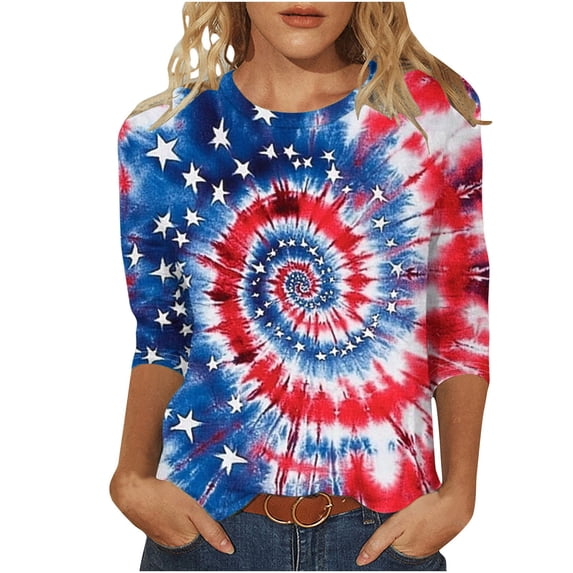 Aboser American Flag T Shirts for Women 3/4 Sleeve Tie Dye Graphic Tees Plus Size Summer Basic Shirt Funny Stars and Stripes Print Tops Going Out Casual Tshirts
