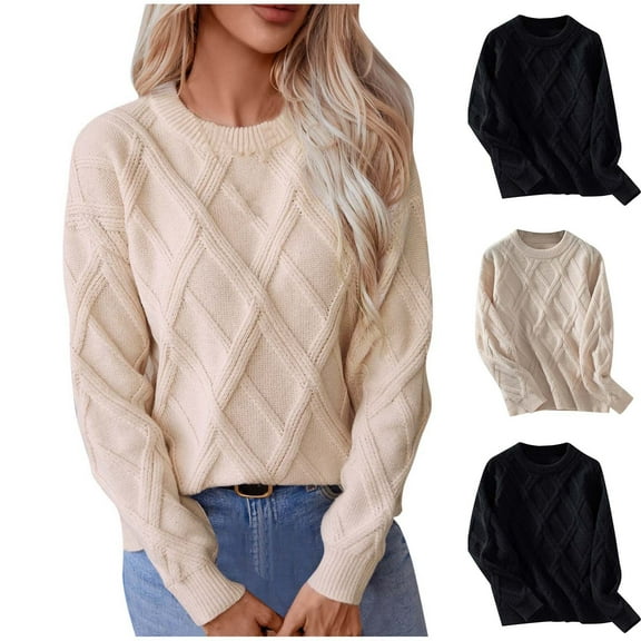Aboser Argyle Knit Sweaters for Women Trendy Cozy Long Sleeve Pullover Warm Soft Crew Neck Sweater Loose Fits Jumper Tops Solid Color Fall Blouses Khaki L