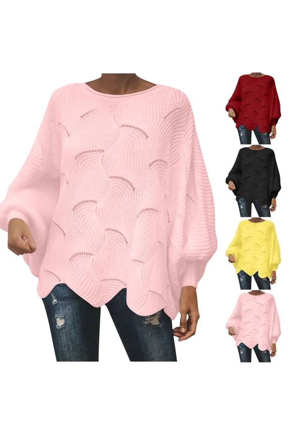 Asymmetrical Sweaters for Women 2026 Oversized Hollow Out Crochet Sweater Pullover Plus Size Irregular Hem Knitwear Batwing Long Sleeve Pullovers Fashion Boat Neck Jumper Tops Black M