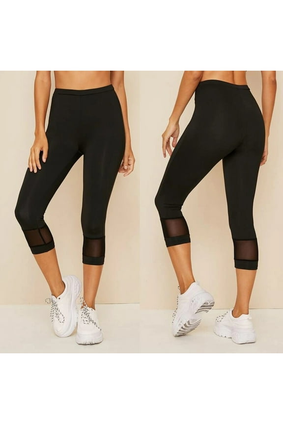 Athletic Capri Leggings for Women Calf Length Yoga Pants Workout High Waist Capris Mesh Sheer Trim Cropped Pants Tummy Control Legging Pant