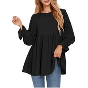 ABOSER Babydoll Shirts for Women Loose Fit Puff Sleeve Tunic Tops Flowy Round Neck T-Shirt Solid Color Fall Outfits Casual Basic Long Tee Shirt Trendy Ruffle Hem Blouses